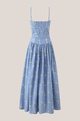 Vintage Rose Printed A-Line Cotton Midi Dress in Blue