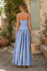 Vintage Rose Printed A-Line Cotton Midi Dress in Blue