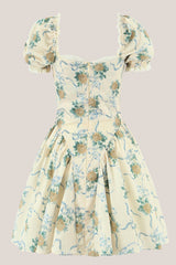 Vintage Rose Printed Cotton Mini Dress With Sleeves in Yellow