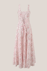 Vintage Rose Printed Square Neck A-Line Cotton Midi Dress in Pink