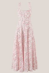 Vintage Rose Printed Square Neck A-Line Cotton Midi Dress in Pink