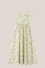 Vintage Rose Printed Sweetheart A-Line Cotton Midi Dress in Yellow