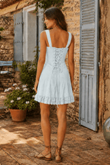 Vintage Sheath Spaghetti Strap Lace Cotton Mini Dress in Blue