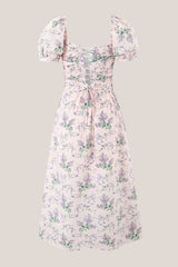 Vintage Square Neck A -Line Rose Printed Cotton Midi Dress in Pink