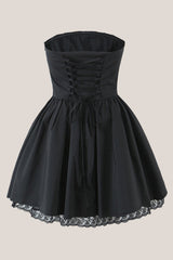 Vintage Strapless A-Line Cotton Mini Dress in Black