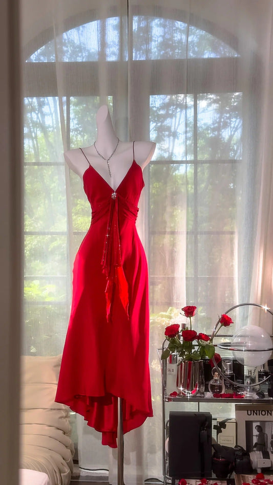 Charming Prom Dresses Mermaid Spaghetti Strap Red Chiffon Mid Length Evening Outfits N3580