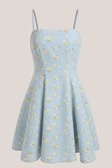 Warm A-Line Rose Printed Cotton Mini Dress in Blue
