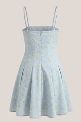 Warm A-Line Rose Printed Cotton Mini Dress in Blue