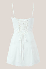 Warm A-Line Square Neck Cotton Mini Dress in White