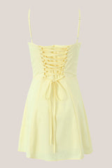 Warm A-Line Square Neck Cotton Mini Dress in Yellow