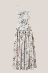 Warm Rose Printed Square Neck A-Line Cotton Midi Dress in Green