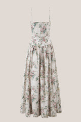 Warm Rose Printed Square Neck A-Line Cotton Midi Dress in Green