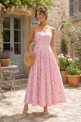 Warm Rose Printed Square Neck A-Line Cotton Midi Dress in Pink