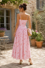 Warm Rose Printed Square Neck A-Line Cotton Midi Dress in Pink