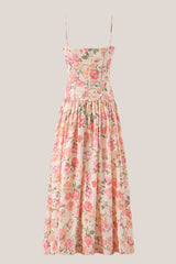 Warm Rose Printed Square Neck A-Line Cotton Midi Dress in Red