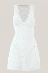 White V-Neck Floral Print A-Line Mini Dress