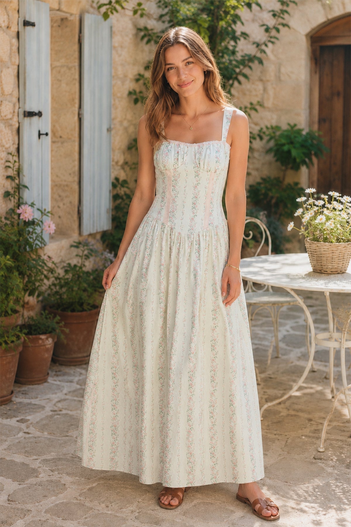 White Vintage Rose Printed A-Line Cotton Midi Dress