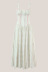 White Vintage Rose Printed A-Line Cotton Midi Dress