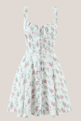 White Vintage Rose Printed A-Line Cotton Mini Dress