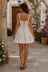 White Vintage Rose Printed Lace Cotton Mini Dress