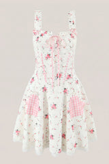 White Warm Rose Print Cotton Mini Dress