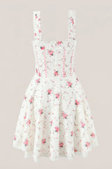 White Warm Rose Print Cotton Mini Dress